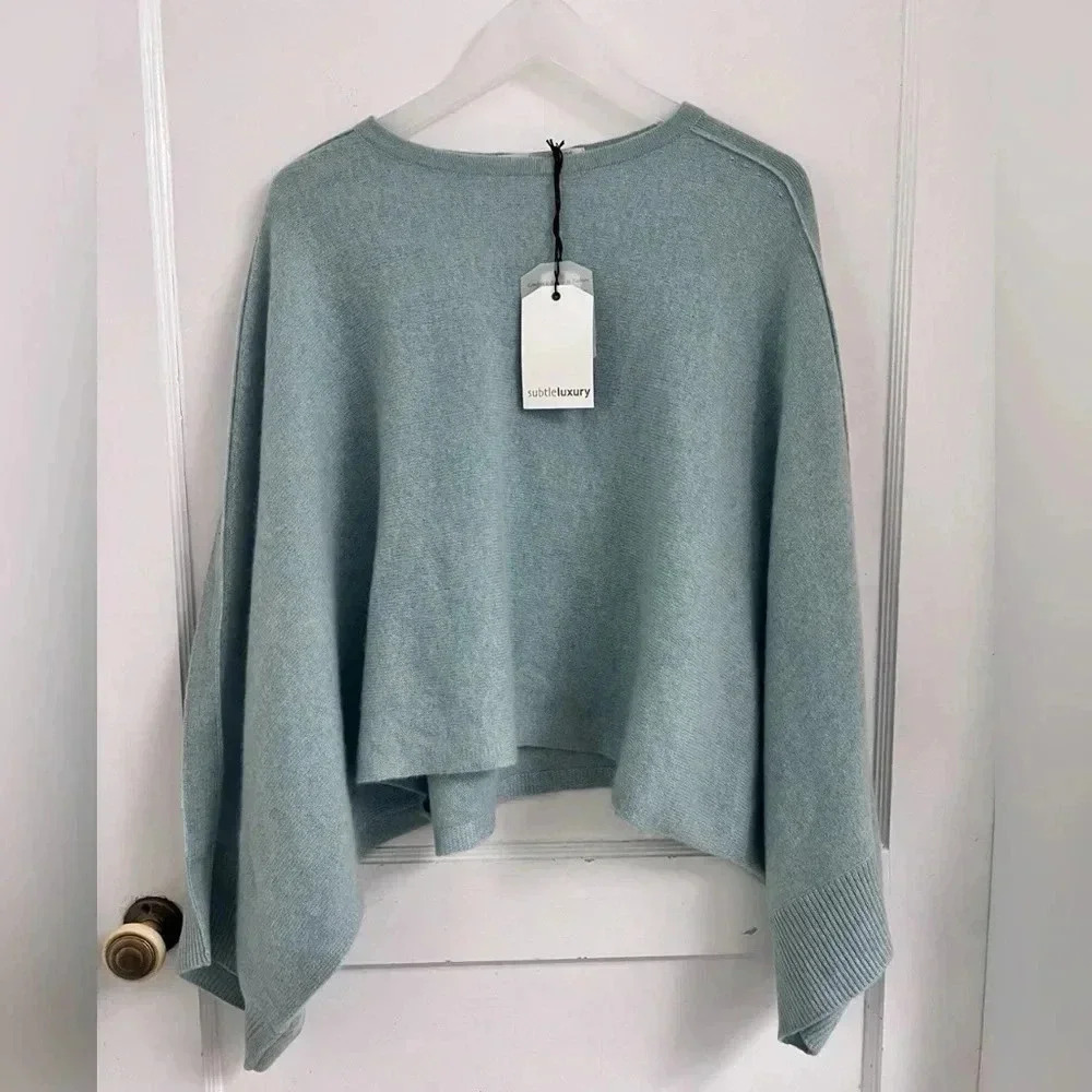 Subtle Luxury 100% Cashmere Blue Poncho Pullover One Size $298